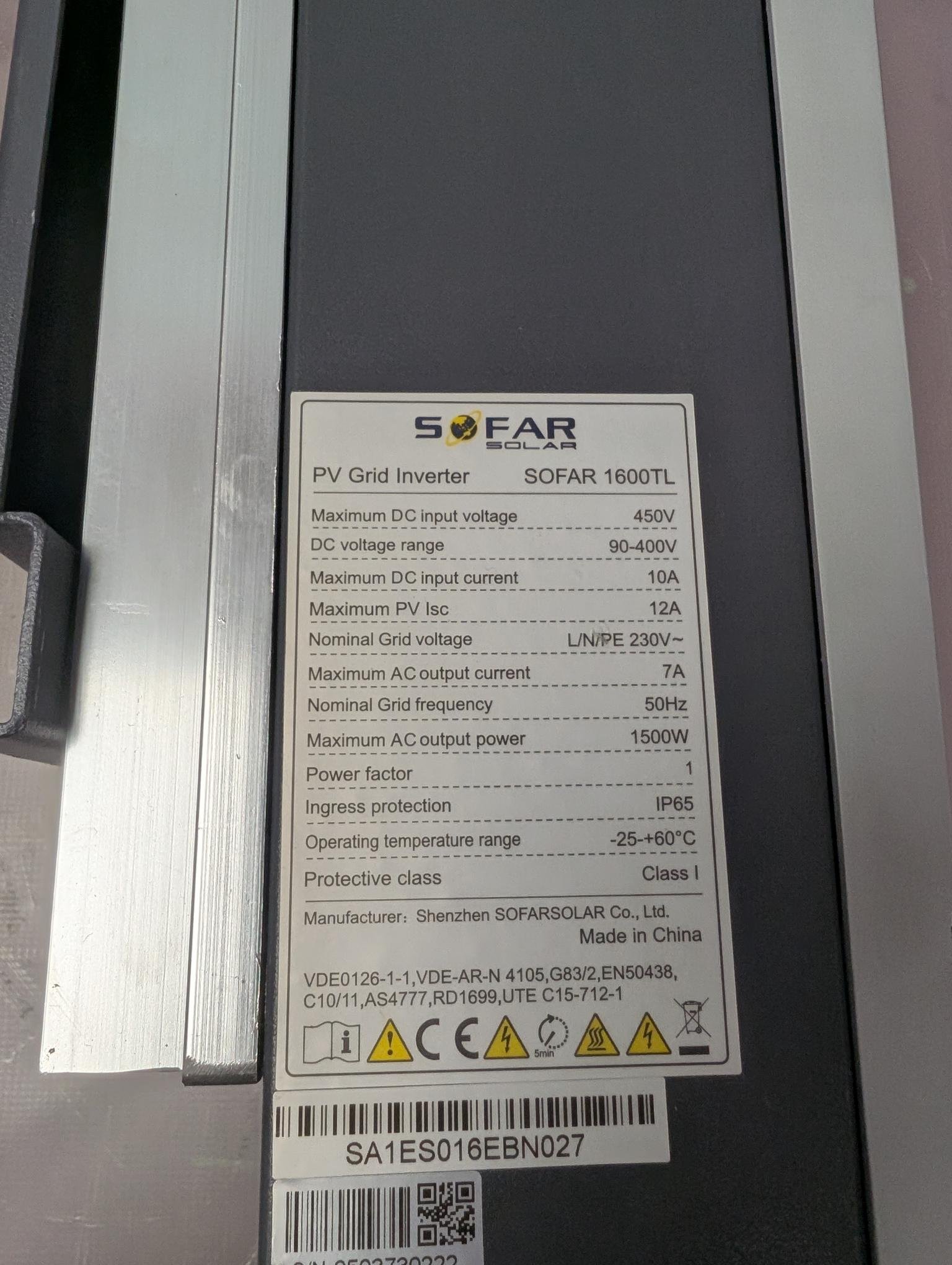 Sofar 1600 TL- Solar PV Inverter 1.5 KW - 1500 Watts with wall bracket and ac plug - Image 3