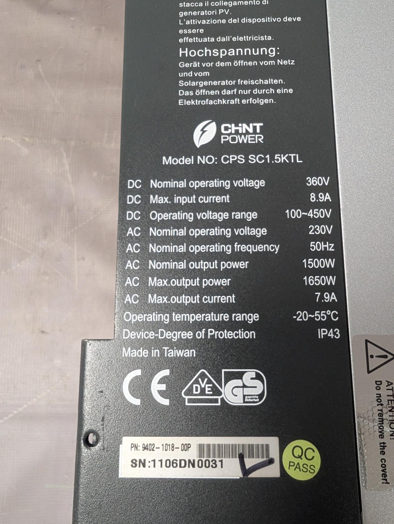 Chint power CPS SC1.5KTL 1.5 kw solar inverter 1650 w max - Image 4