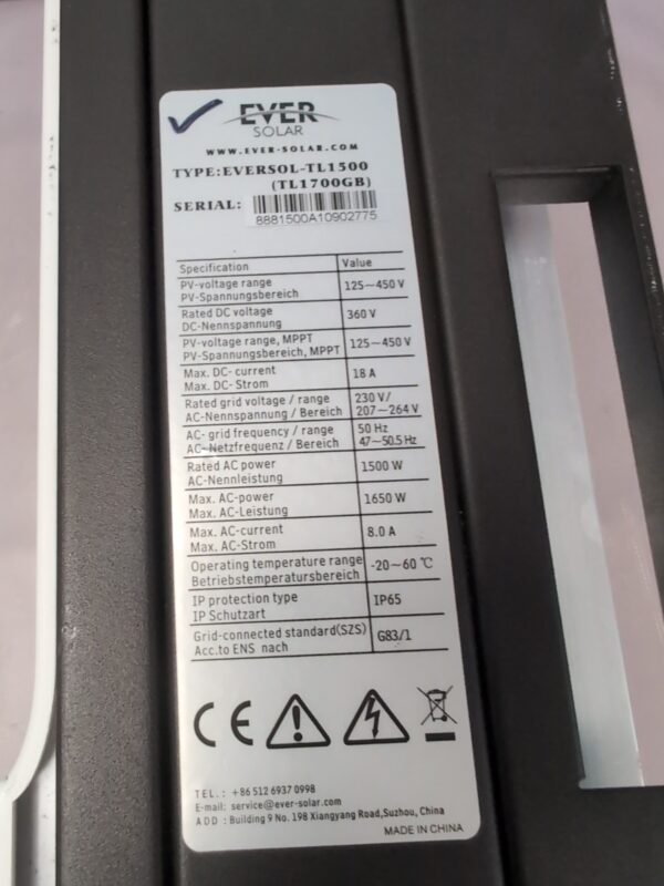 Ever Solar Pvc Eversolar TL1500 - Solar PV Inverter –1.5 Kw 1650 W - South West Renewables